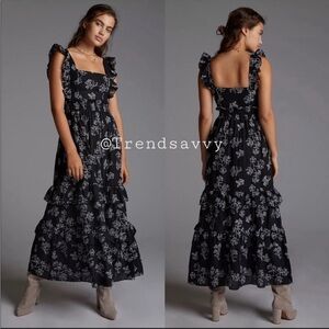 Anthropologie Especia Navy White Floral Embroidered Ruffle Maxi Dress Medium NWT